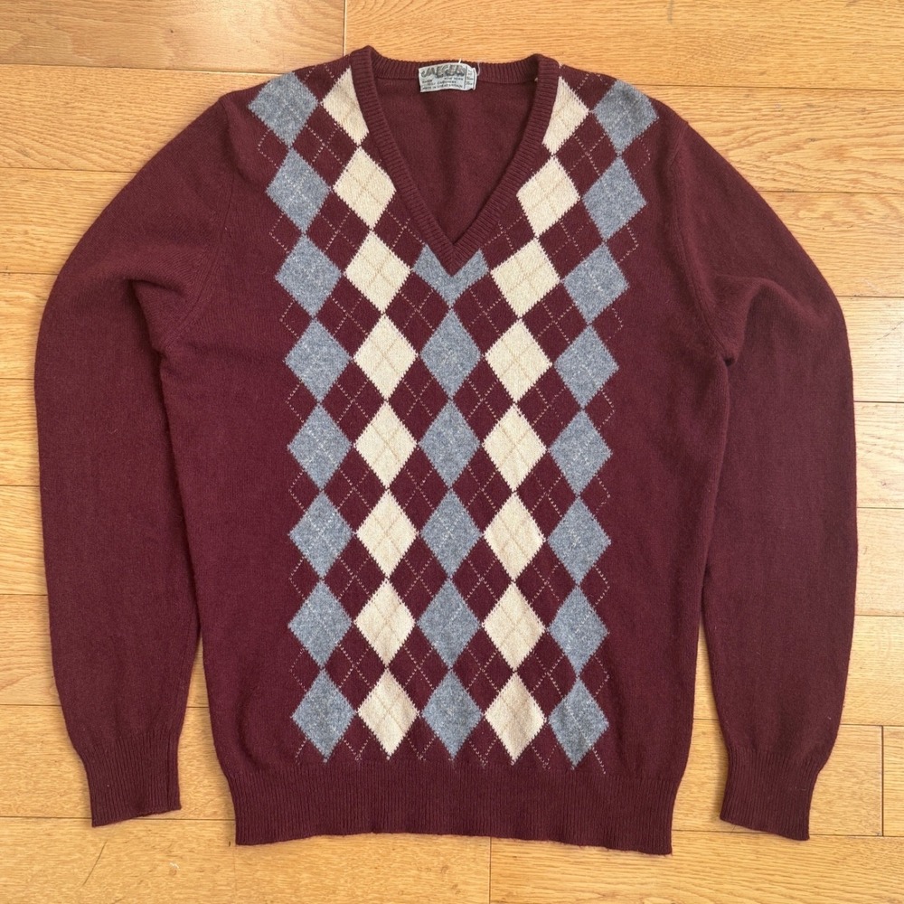 Vintage JAEGER Cashmere Argyle V Neck Sweater Burgundy Made in Great Britain